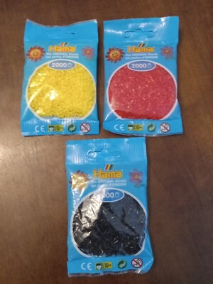 3 pks Hama 3mm micro mini Beads Crafts Red, Black, Yellow 6,000 beads total NEW