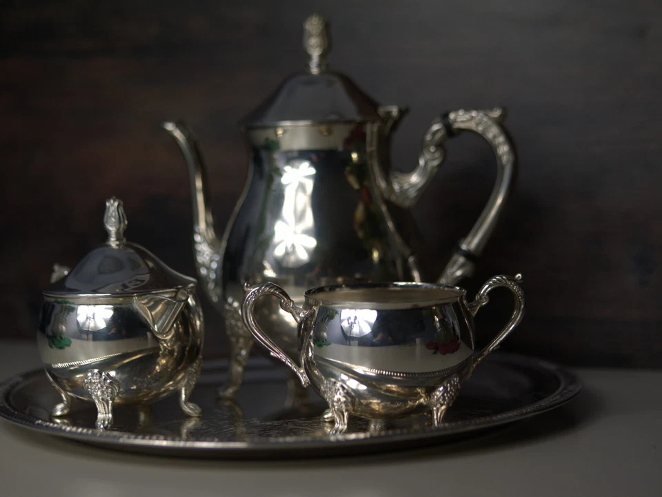 Juego de té Sheffield Art Deco vintage - niquelado plateado, elegante 3 piezas Foto 2 de 4