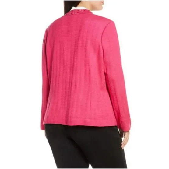 $390 Ming Wang Tailored Fit Embellished Detail Knit Jacket/Cardigan Pink, 2X - Image 3 of 4