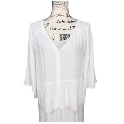 Bash Ba&sh Blouse Size 0 White Flare Sleeve V neck Lightweight Ruffle Peplum
