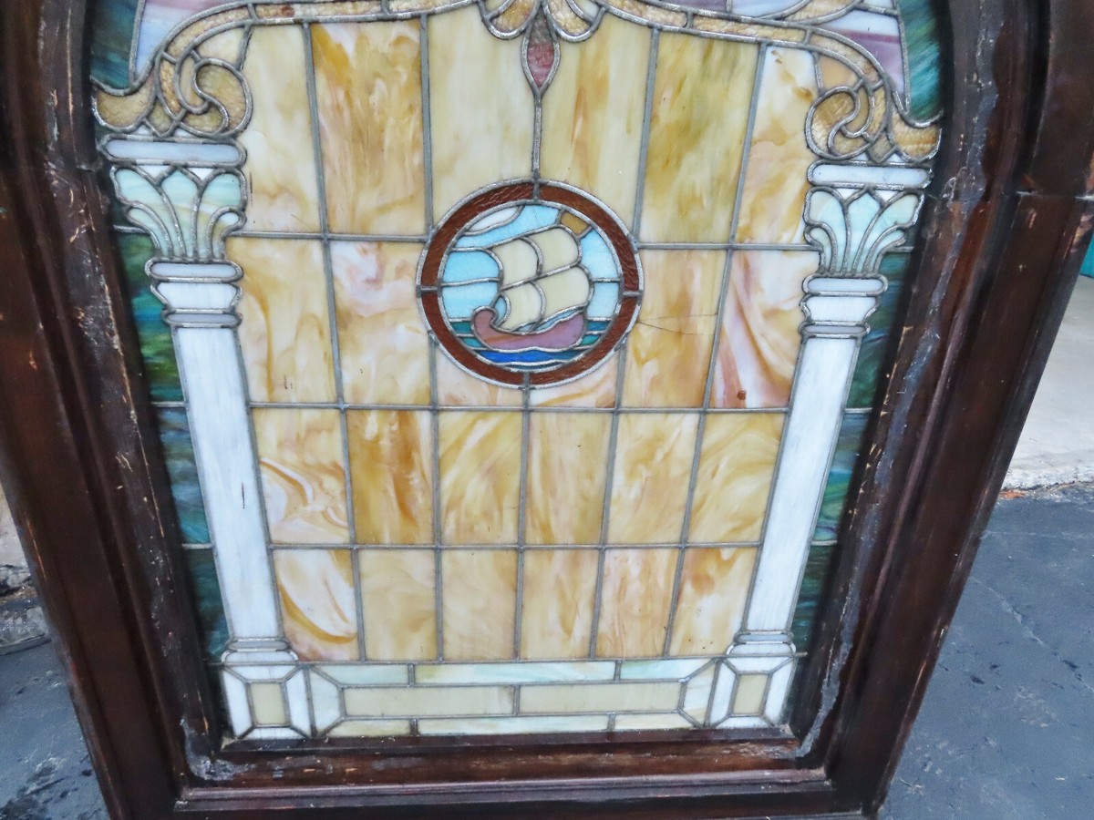 ANTIQUE ARCH STAINED GLASS WINDOW WITH SHIP - ca. 1880s | eBay