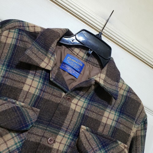 Vtg Pendleton Shirt Mens Medium Brown Green Plaid Wool Flannel Loop Collar Board - Picture 3 of 19