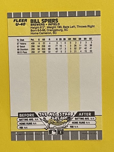 Bill Spiers 1989 Fleer Update Rookie Base #U-40 Milwaukee Brewers - Picture 2 of 2