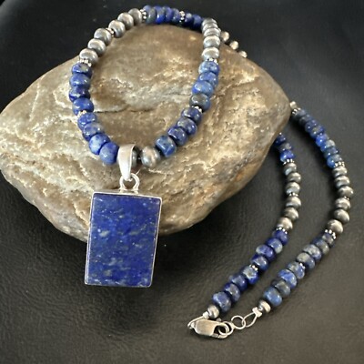 Blue Lapis Pendant Navajo Pearls Sterling Silver Necklace 20  18688