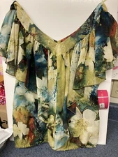 NWT Sunny Leigh Happy Days Multi-Color Short Sleeve Printed Blouse Sz L Ret $59