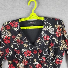 Style & Co Woman Cross Over Neck Y2K Stretch Blouse S Black Red Floral Ruched