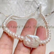 7-8mm Real Natural White Freshwater Pearl Square Baroque Pearl Pendant Necklace