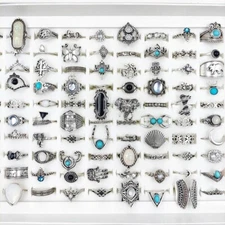 100Pcs Bohemia Vintage Silver Women CZ Ring Punk Biker Crown Elephant Butterfly