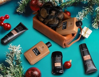 YARD HOUSE Holiday Christmas Mens Luxury Bath & Body Gift Basket Set & Leather Toiletry Bag