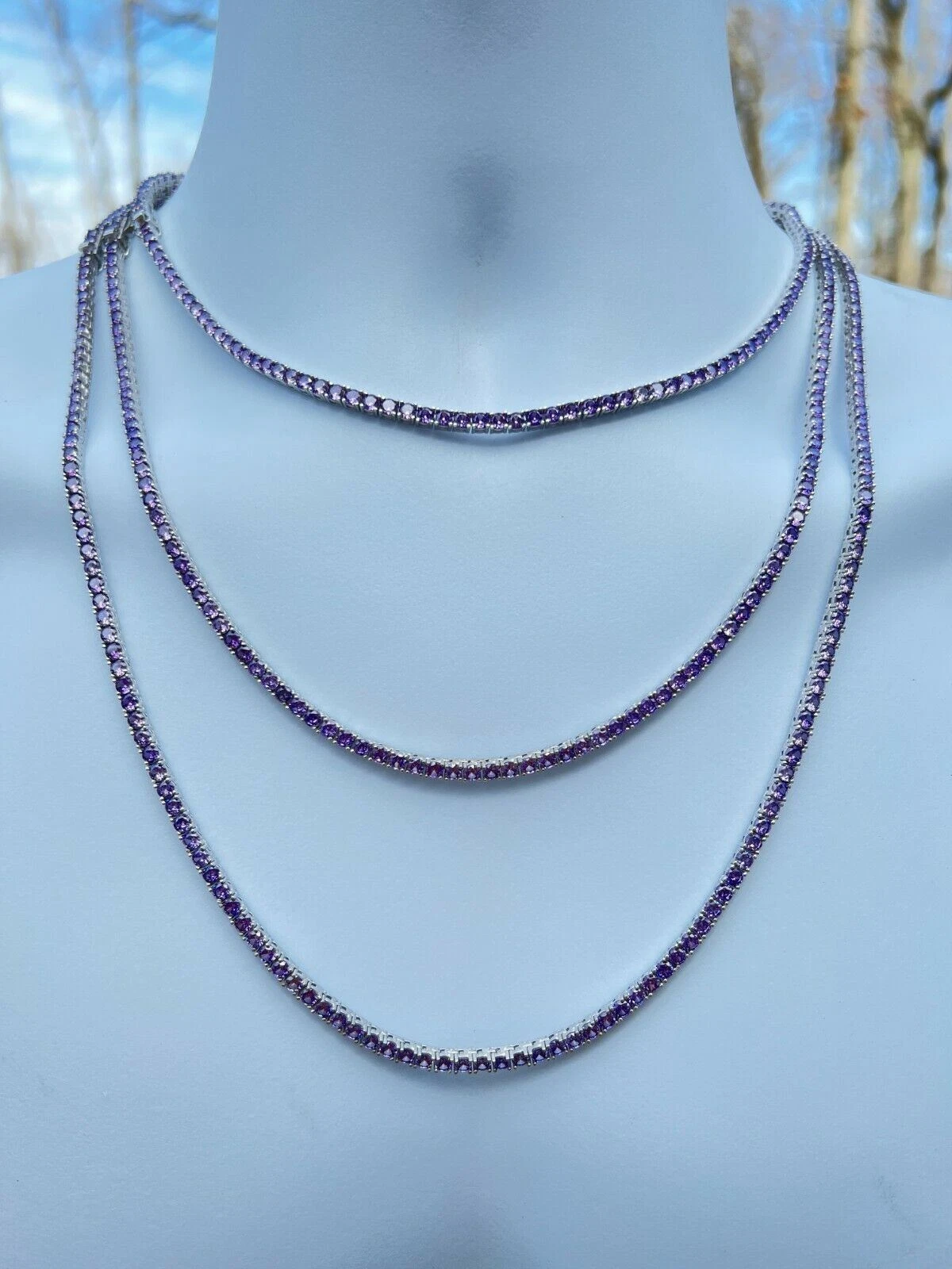 Tennis Chain 3mm Real 925 Sterling Silver Purple Simulated Amethyst CZ Necklace image 7