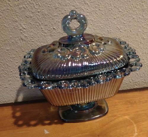 Vtg 70s Indiana Iridescent Blue Carnival Glass Footed Candy Dish Pedestal w/ Lid - Picture 12 of 12