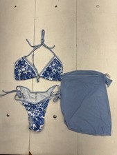 Shein Blue White Paisley Floral Print 3 Piece Bikini Set Womens Size Medium