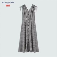 UNIQLO INES DE LA FRESSANGE Cotton Gingham Sleeveless V-Neck Dress S Used
