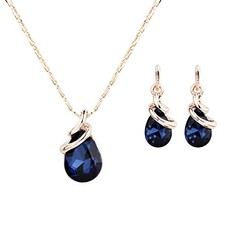 Rose Gold Teardrop Infinity Pendant Necklace Dangle Earring Bridal Dark blue