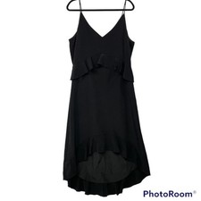 Halston Black Dress Large High Low Poplin Spaghetti Strap Semi Formal Gown