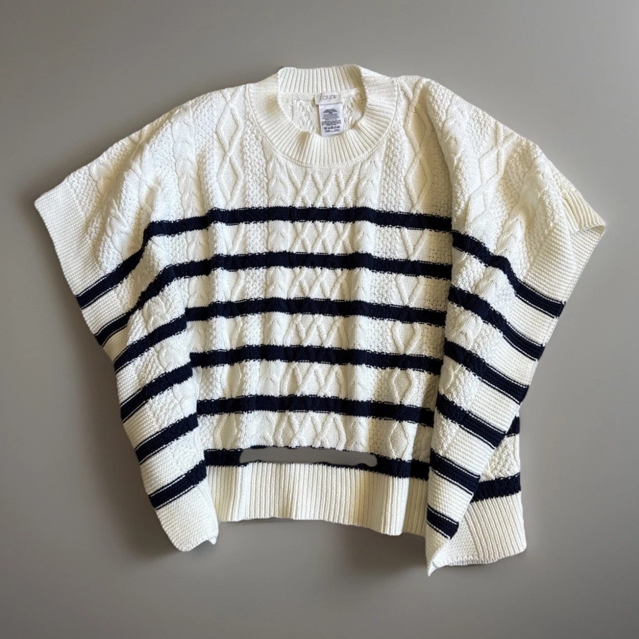 J.Crew Women's Fisherman Cable Knit Poncho Ivory Navy Stripe Cotton Blend