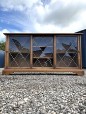 Vintage Old Charm Slim Oak Glazed Glass Doors Shelving Bookcase Display Cabinet