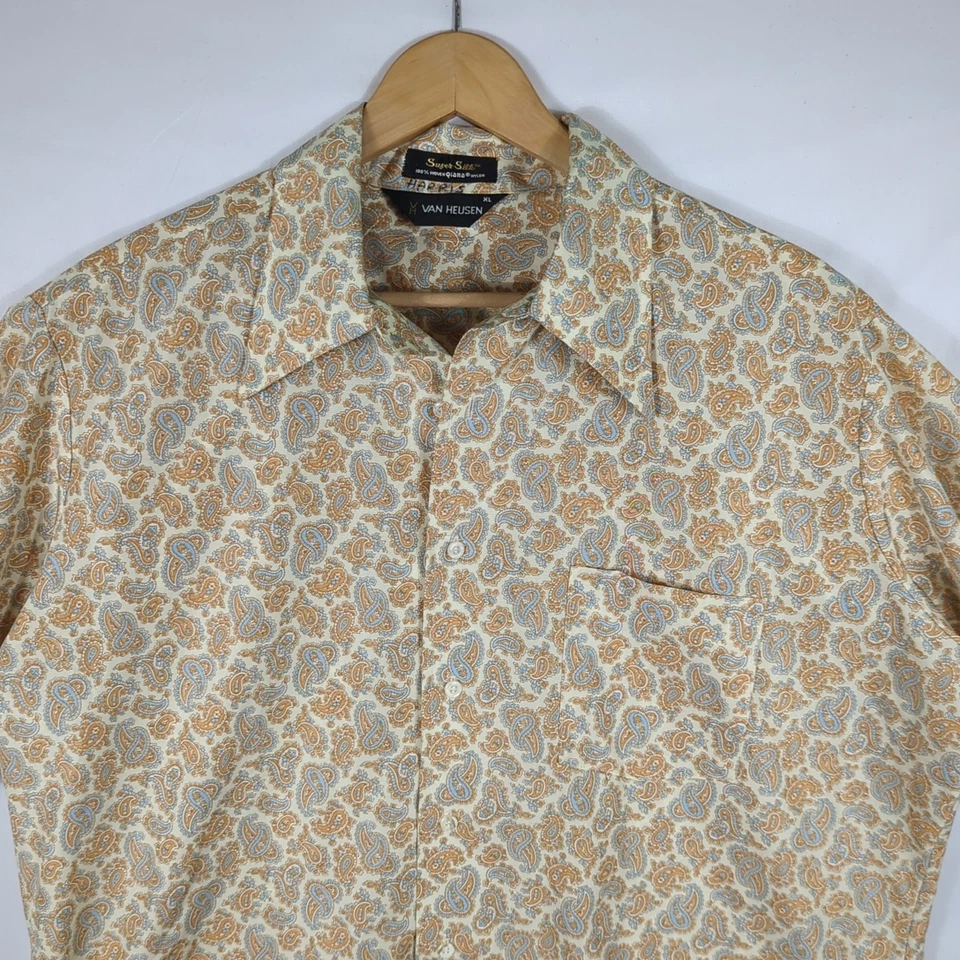 VAN HEUSEN Vtg 60s 70s Qiana Nylon "Super Silk" Paisley Hawaiian Btn SHIRT XL - Image 3 of 4