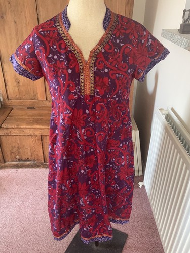 Biba, Vintage BIBA Dolly Kleid rot/lila Empire Linie besticktes Band am Oberteil