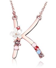 Flower Initial Letter Necklace Pink Red Blue Simulated Pearl Pendant Letter K