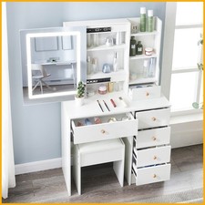 White Dressing Table Vanity Makeup Desk with Dresser Mirror,6 Drawers,LED Lights