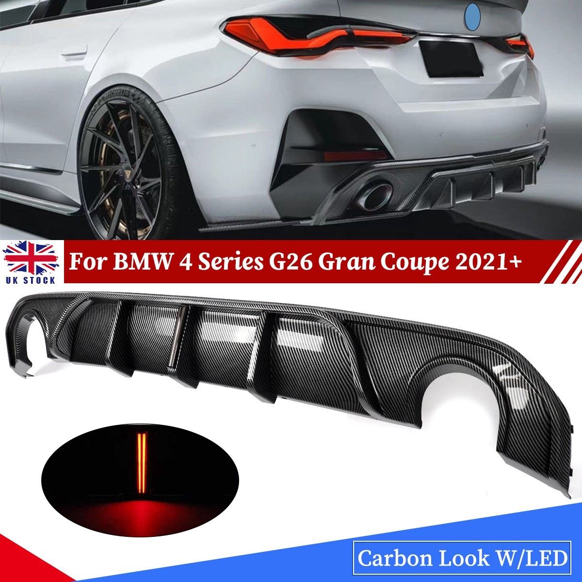 For BMW 4 Series G26 Gran Coupe 2021+ Rear Bumper Diffuser Valance Carbon Look