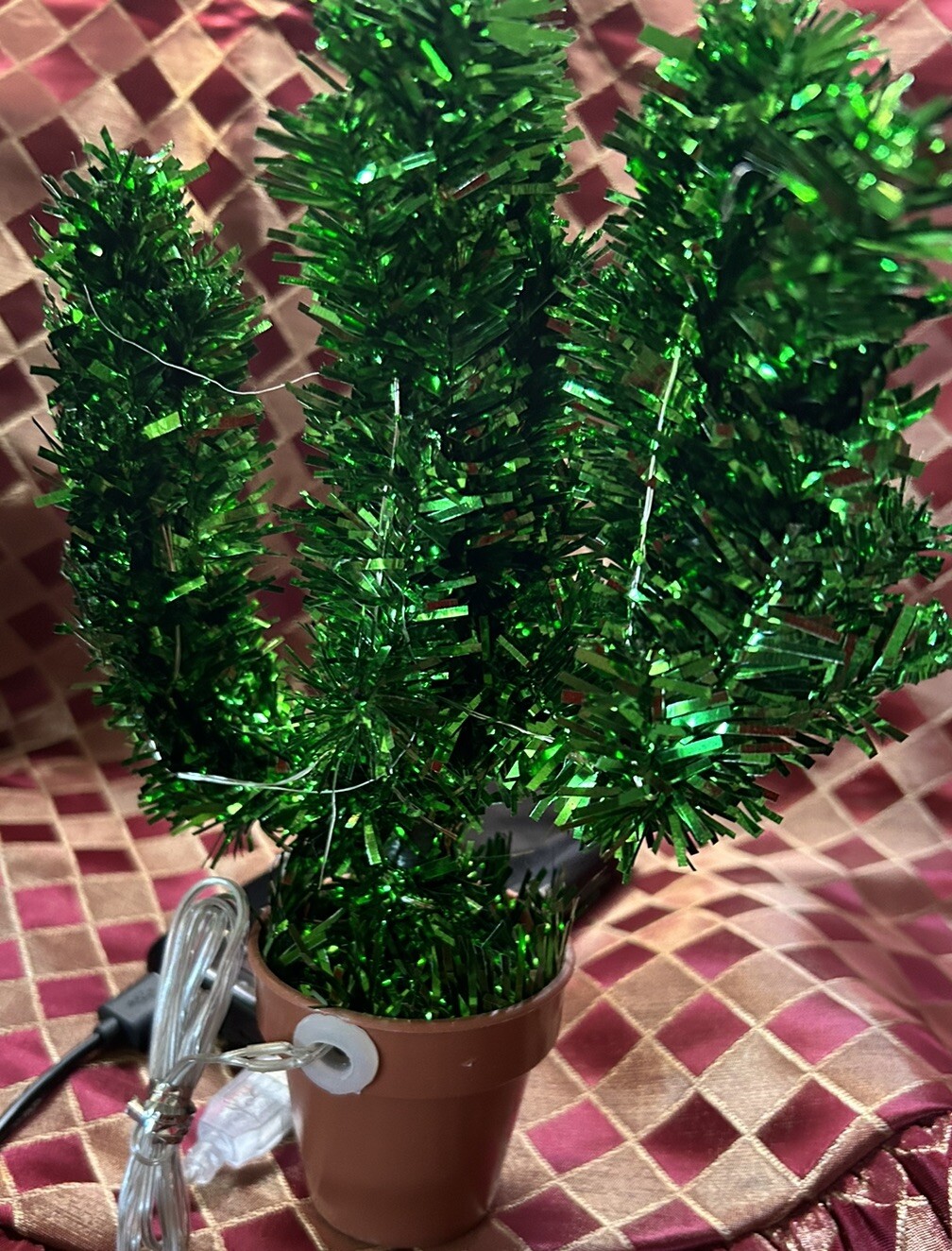 Vtg Mini Tinsel Lighted Saguaro Cactus Green Christmas Tree 8.25