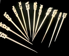 vintage Indian Carved Cocktail Stick Set Animal Finial Elephant Lion x 12 !!!