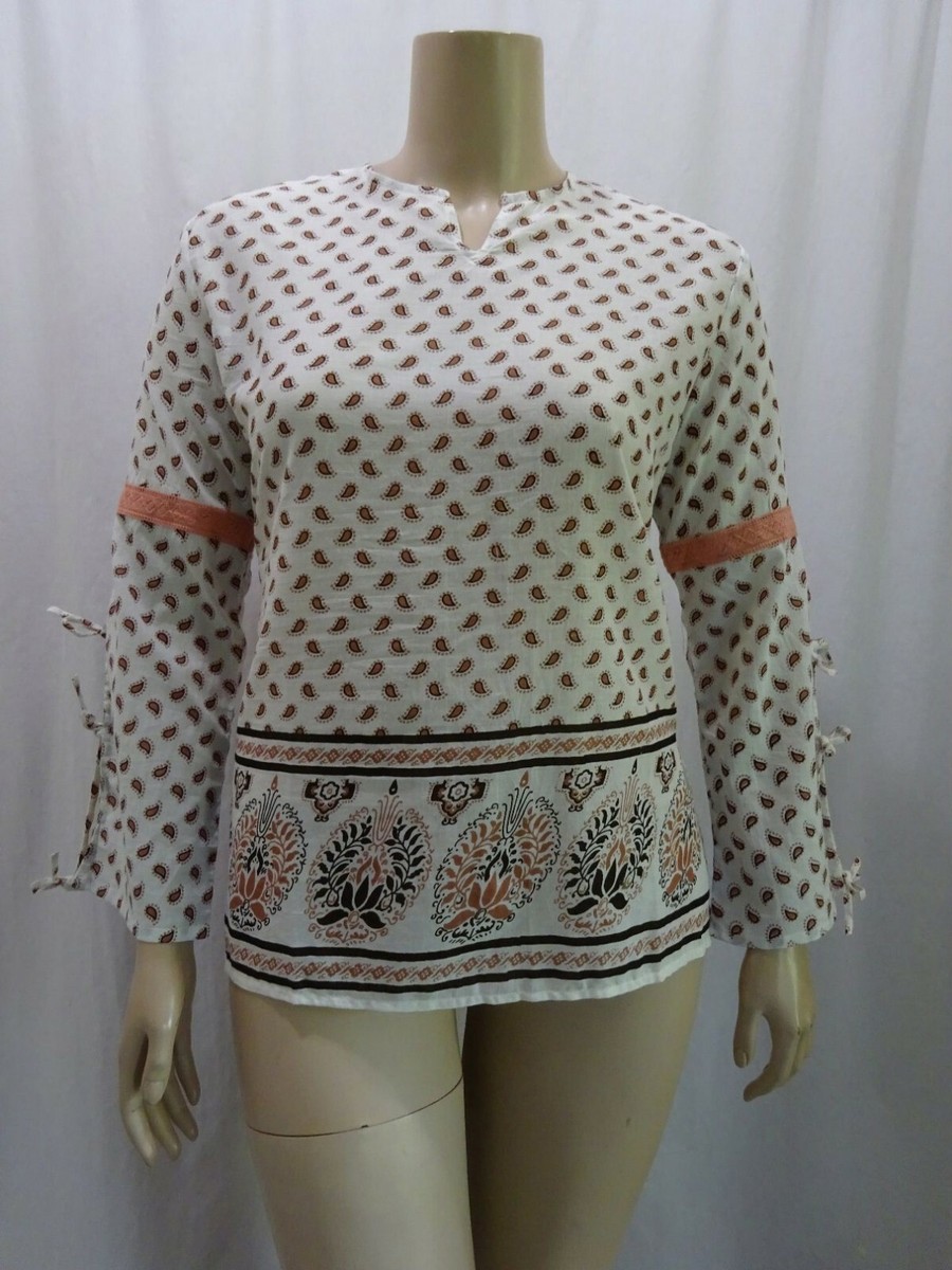 Geeta 49 Block Print White Brown Lace Ties Notch Neck Kurta One