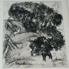 RARE Signed Marc Chagall Vintage Donkey and Cat Etching on paper Art Legend
