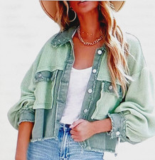 New Vici Waffle Knit Green Denim Crop Boyfriend Jacket Frayed Hem Xl