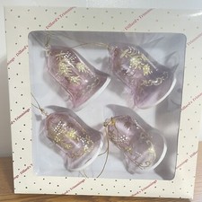 Dillard’s Trimmings 4 Bell Hand Blown Glass Ornament Cranberry W/ Gold White Rim
