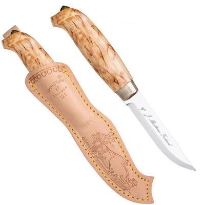 Marttiini Lynx 121 Messer mit rostfreier Klinge, Maserbirkengriff, Lederscheide