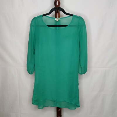 Lily White women sz S sheer tunic green color 3/4 sleeve scoop neck side pockets