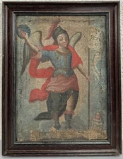 Antique Spanish Colonial Oil Painting Saint Michael Archangel Mexican 18th C. #2