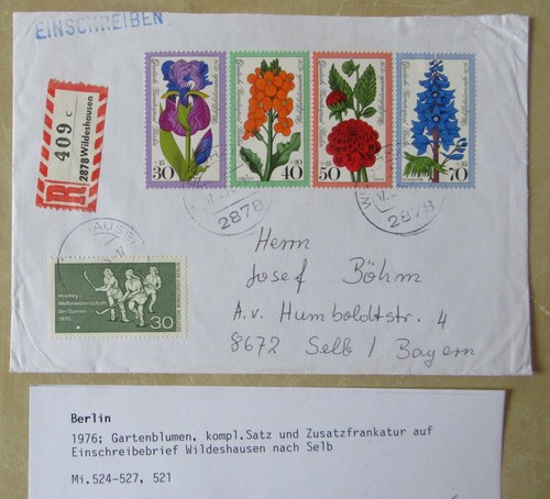 1976 garden flowers stamps set on registered letter from Wildeshausen R-notes - Picture 1 of 1