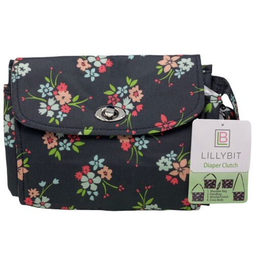 Lillybit Uptown Diaper Clutch Bag Tote Purse Changing Pad Floral Print Black - Picture 2 of 5