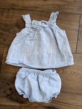 JANIE  JACK Baby Girls 3- 6 Months Blue Chambray Bloomer Set-Linen Blend Lined