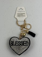 Heart Shaped Rhinestone Blessed Keychain Heart keychain Tassel Gold Accents