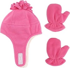 Baby Girls Rose Red Warm Fleece Hat & Gloves Sherpa Lined Toddler 3-10 Years.