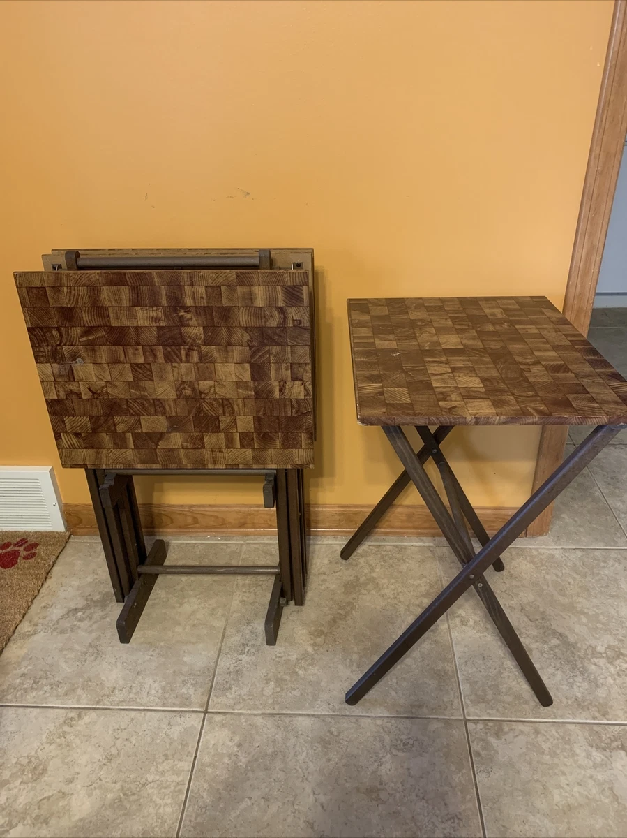 VINTAGE FAUX WOOD TV TRAYS SET 4 W STAND RETRO MID CENTURY MODERN
