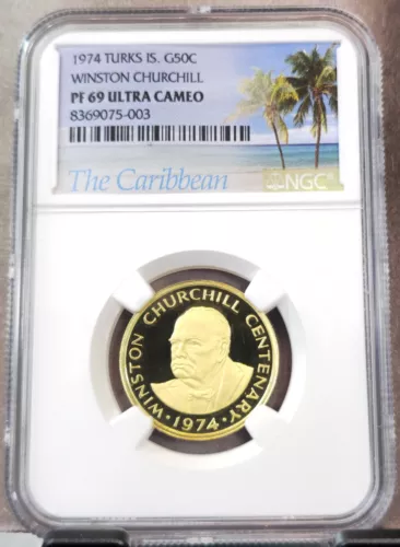 1974 TURKS IS GOLD 50 CROWNS WINSTON CHURCHILL NGC PF 69 ULTRA CAMEO TOP POP