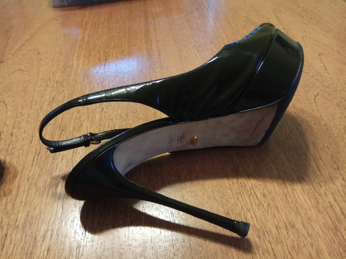 SERGIO ROSSI Black Patent Leather Platform Peep Toe Sling Back Heels Pumps 40.5 - Picture 4 of 8