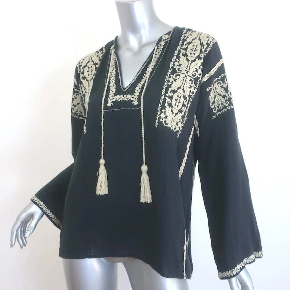 Isabel Marant Etoile Vince Embroidered Tassel Top Black Cotton Size 38 - Image 2 of 4