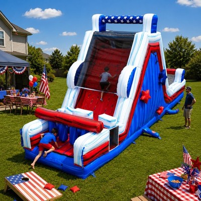 Commercial Inflatable Obstacle Course Double Slide Game 19ft Tall Red White Blue