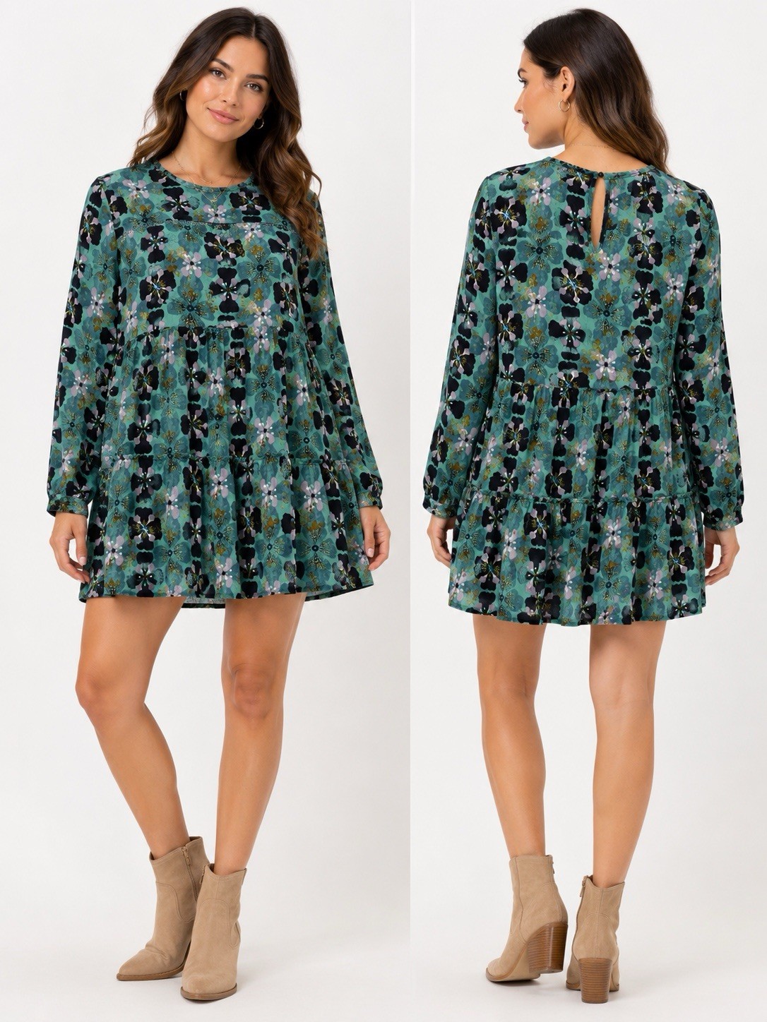 Knox Rose Floral Boho Tiered Mini Dress Womens Medium Teal Long Sleeve Keyhole