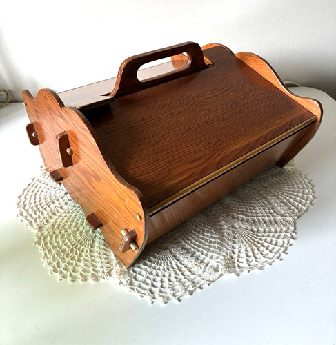 Sewing Knitting Vtg Wood Storage Box w/ Handle Folding Lids Nice Decor Piece