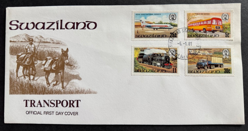 AtoZ. FDC Swaziland Train Bus Truck Airplane Transport 1981