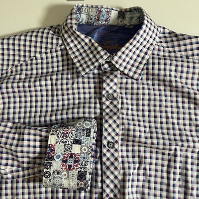Robert Graham Mens L Flip Cuff Patch Work Long Sleeve Button  Shirt  Plaid