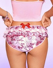 pink silky feel satin knickers ruffles sissy butterflies print size 16-18 (XL)